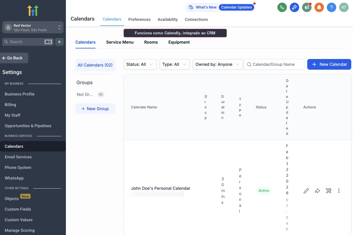 Calendário de agendamento do GoHighLevel com configuração de calendário round-robin