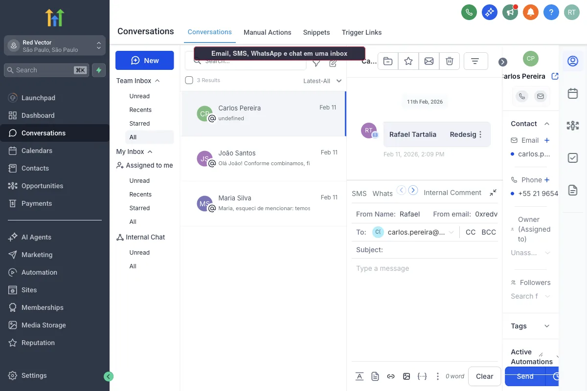 Inbox unificada do GoHighLevel com conversas de email, SMS e web chat em uma única interface