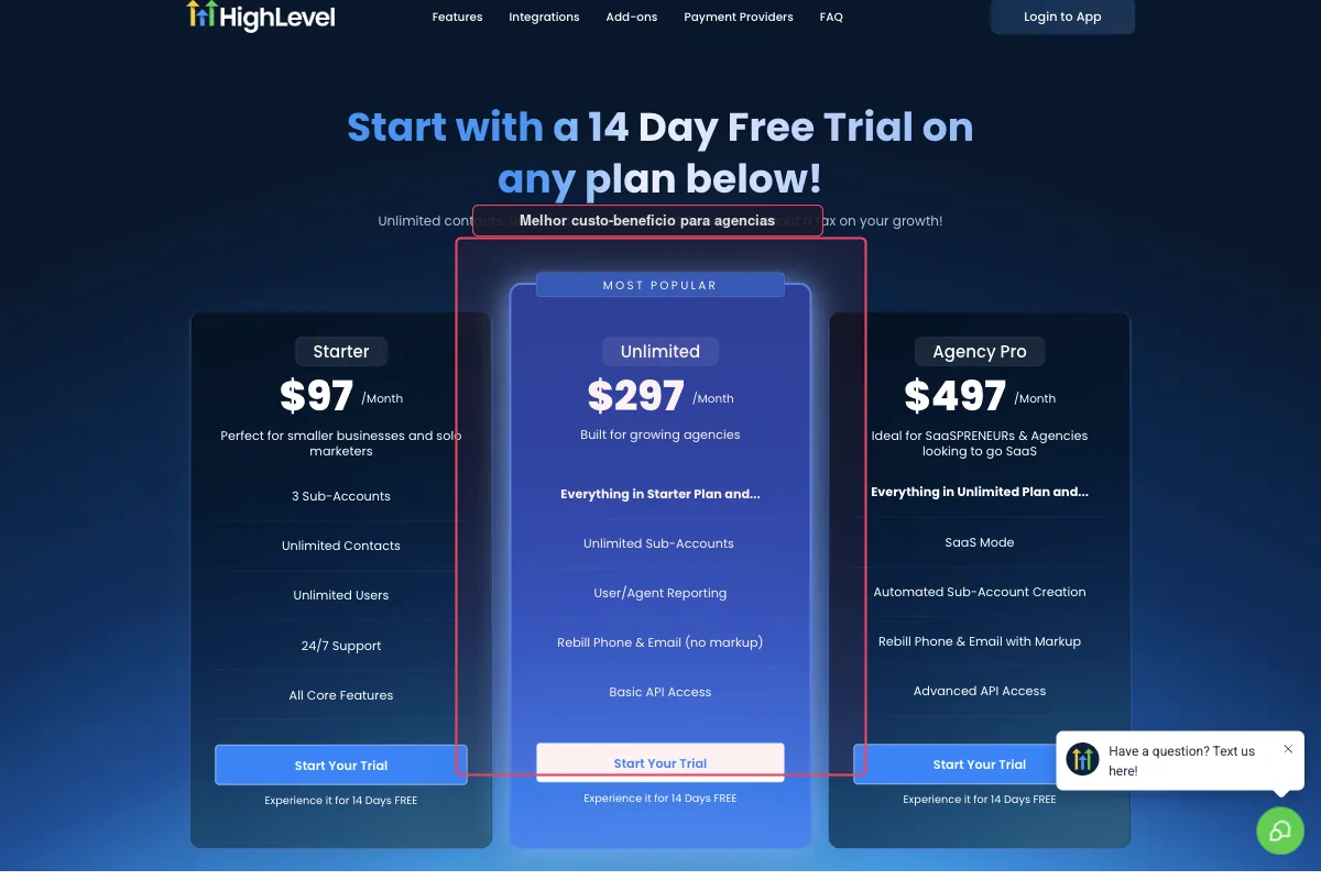 Tabela de preços do GoHighLevel 2026 — planos Starter US$97, Unlimited US$297 e SaaS Pro US$497 por mês