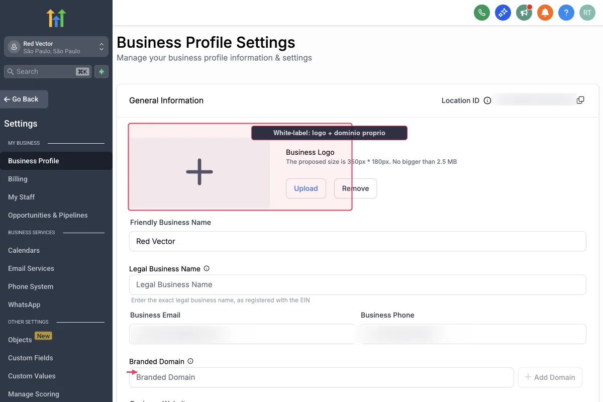 Configuração de white-label do GoHighLevel com domínio customizado e personalização de marca
